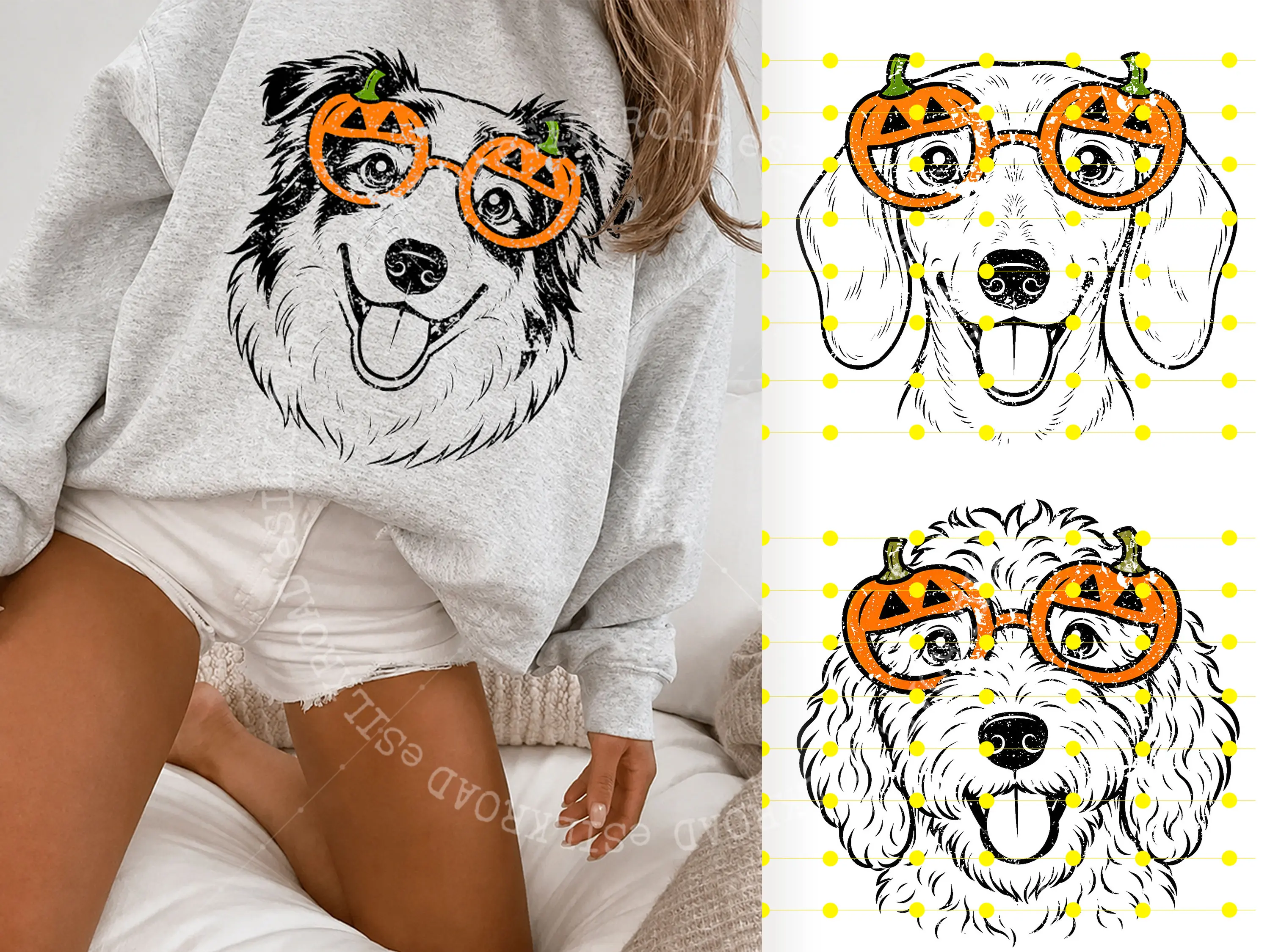 50+ Halloween Dog Breeds Lover Sweatshirt - Ash Grey, Cute Dog Wearing Glasses Pumpkin Graphic Top, Trick or Treat Fall Sweater, Pet Lover Halloween Gift, Unisex Autumn Apparel - HARSIN