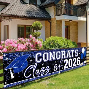 1pc Large Graduation Banner, Decorative Banner, Class Of 2026 Congrats Grad Yard Sign For Graduation Party Decorations 2026, Golden Welcome Sign Outside Fence Garage Garden Porch Backdrop, Home Decor, 2D Flat, Outdoor Hanging Banner