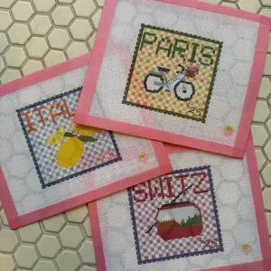 Hand Painted, Printed or Digital Charts Needlepoint Canvas – European Travel Stamps Collection (Switzerland, Italy & Paris)