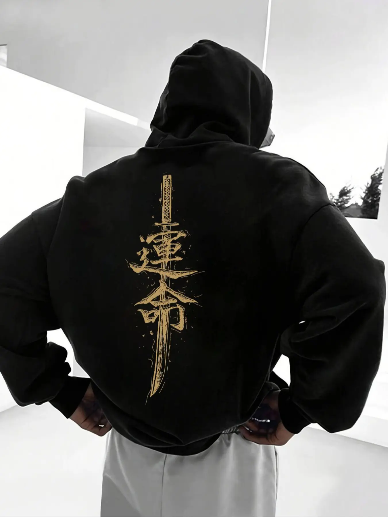 Men's Samurai Sword Graphic Print Fleece Hoodie, Unisex Casual Versatile Top, Loose-Fitting Fall & Winter Casual Hooded Sweatshirt, Comfortable Daily Wear, Printed Hoodies