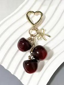 Thickened Heart Dog Clasp Keyring, Three Cherry Small Bow, Y2K Bag Charm, Heavy Work Cherry Keychain, Cherry Bows, Cherry Bow Keychains, 1pc Fashion Accessory