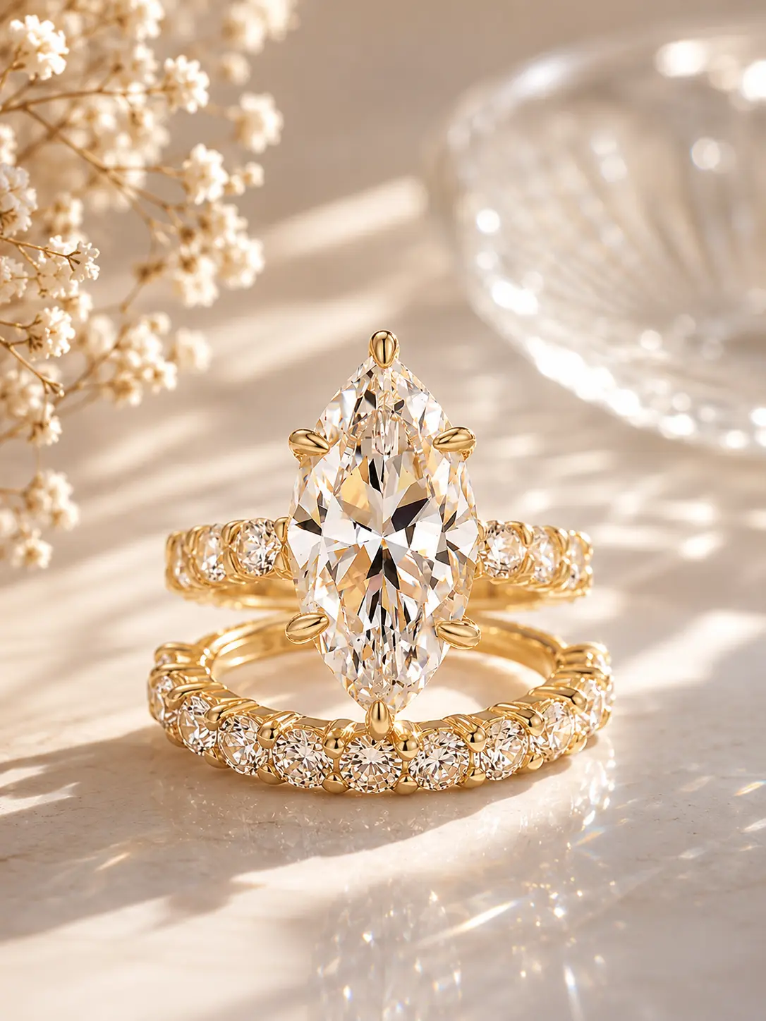 Effinny 14K Gold Plated Marquise Cut Non-tarnish 5.5ct 2PC Wedding Ring Set, Luxury Promise Jewelry, 5A Cubic Zirconia Travel-friendly Bridal Set for Women, Party