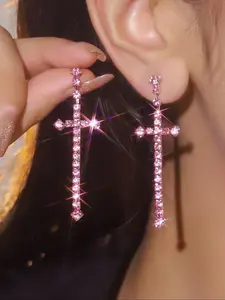 Rhinestone Decorated Bling Cross Design Dangle Earrings, High Quality Earrings, Elegant Chic Gorgeous Jewelry for Party, Daily Clothing Decor, Trendy All-match & Exquisite Jewelry for Birthday Gift