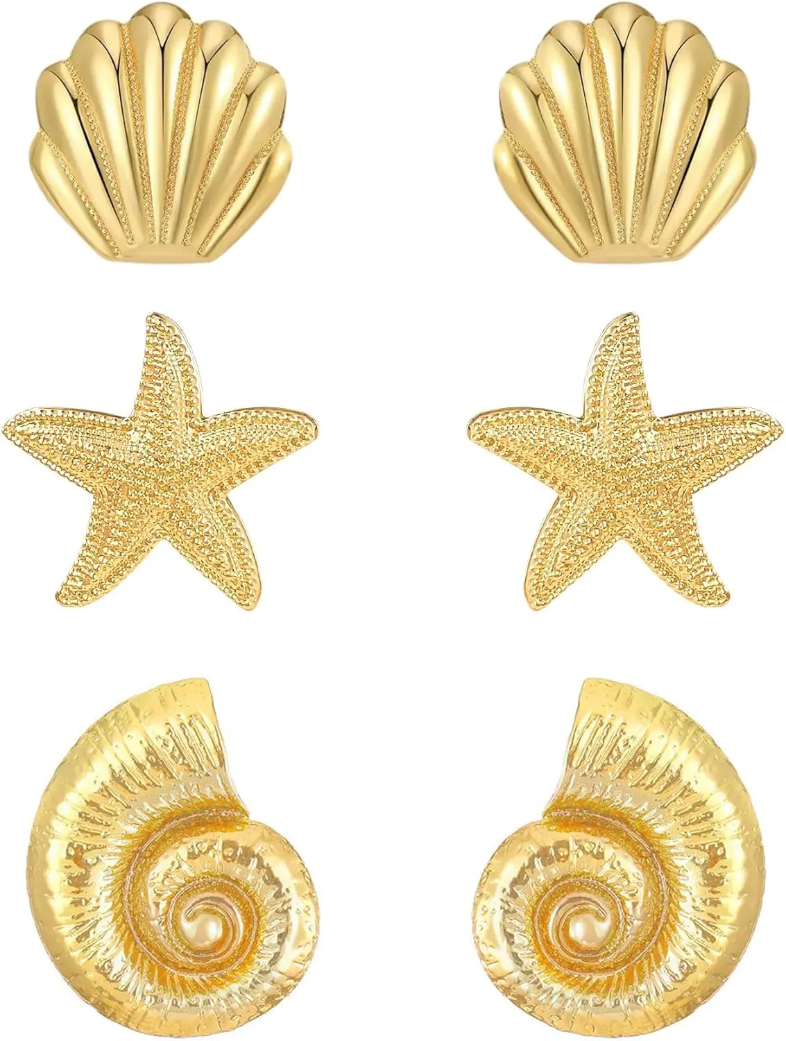 Women's 3-Pair 14K Gold Beach Earring Set, Summer Ocean Costume Jewelry with Starfish, Conch, Seashell Statement Studs