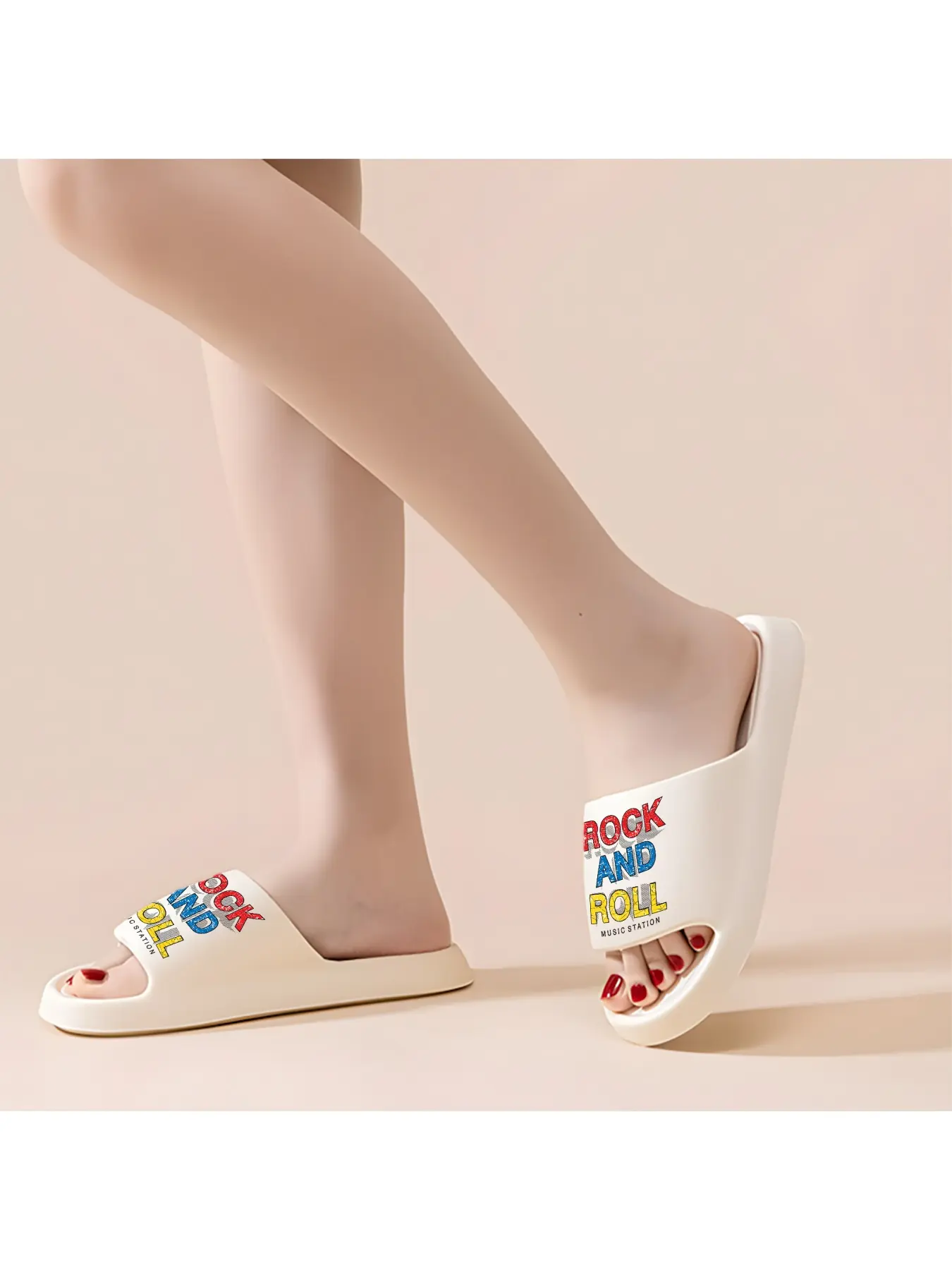 Vintage Rock and Roll Print Slippers Unisex Soft Sole Slides Fashion Trendy One-word Slippers for Summer Outdoor Wear Must-have for Music Festival Outfits Beach Vacation Sandals Comfortable Breathable