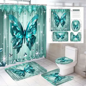 1/4pcs Teal Turquoise Butterfly 3D Shower Curtain Set, Sparkling Diamond Starburst Beaded Top Edge, 2 Bath Mats + Toilet Cover, Perfect for Bathroom Decor, Gift for Spring/Summer, Mother's Day, Easter, Housewarming, Shower Essentials