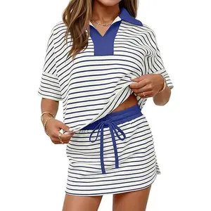 MEROKEETY Women's Striped 2 Piece Outfits Casual Skirt Set Workout Short Sleeve Polo Shirt Skort Matching Lounge Sets
