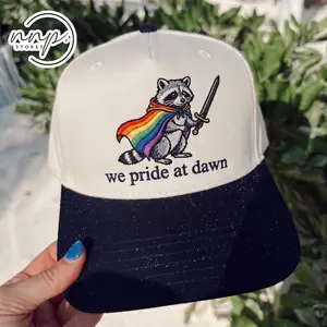 Embroidered We Pride At Dawn Hat, Funny Raccoon LGBT Hat, LGBTQ+ Pride Month Cap, Gay Lesbian Pride Hat, Custom Two Tone Cap