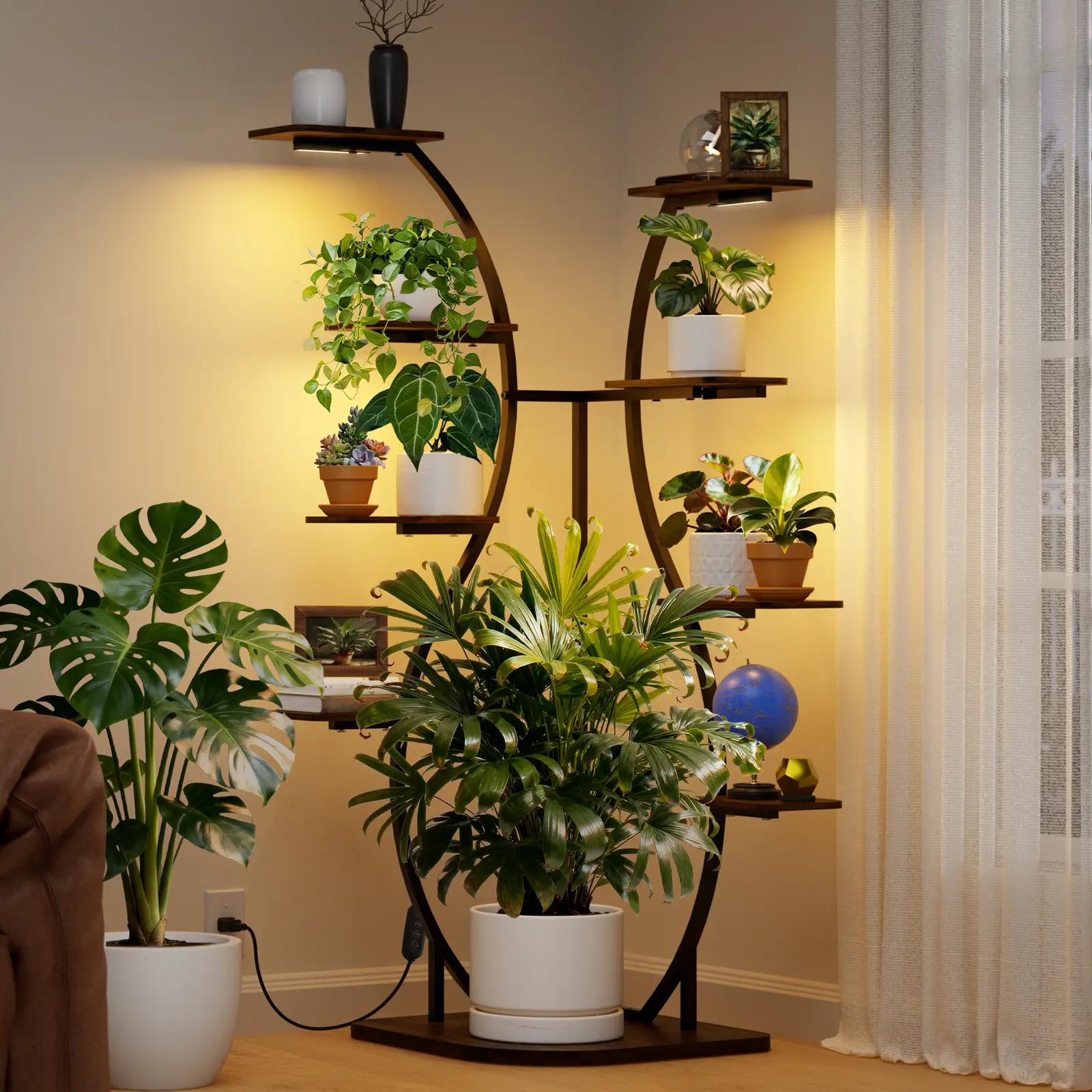 Barrina LS12 9-Tier Corner Plant Stand with T5 Warm Full Spectrum Grow Lights, 62.2" Tall Space Saving Furniture, 90° Corner Fit for Large Plants, Anti-Tip Straps, 3 Timing Functions, Home Decor for Gardening