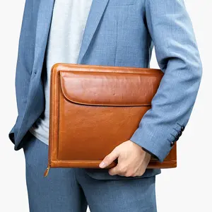 NIUCUNZH Genuine Leather Portfolio - for Men Women Zipper Business Resume Padfolio Organizer Binder A4 Meeting Folder 13 inch