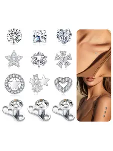 Dermal Anchor Tops and Base 14G Stainless Steel Microdermal Piercings Jewelry Punk Internally Threaded Star Heart CZ Gem Tops Surface Skin Piercing Studs for Women Men Silver Tone 5mm 6mm 7mm, Body Jewelry, Anchor Design, Cubic Zirconia, Earrings