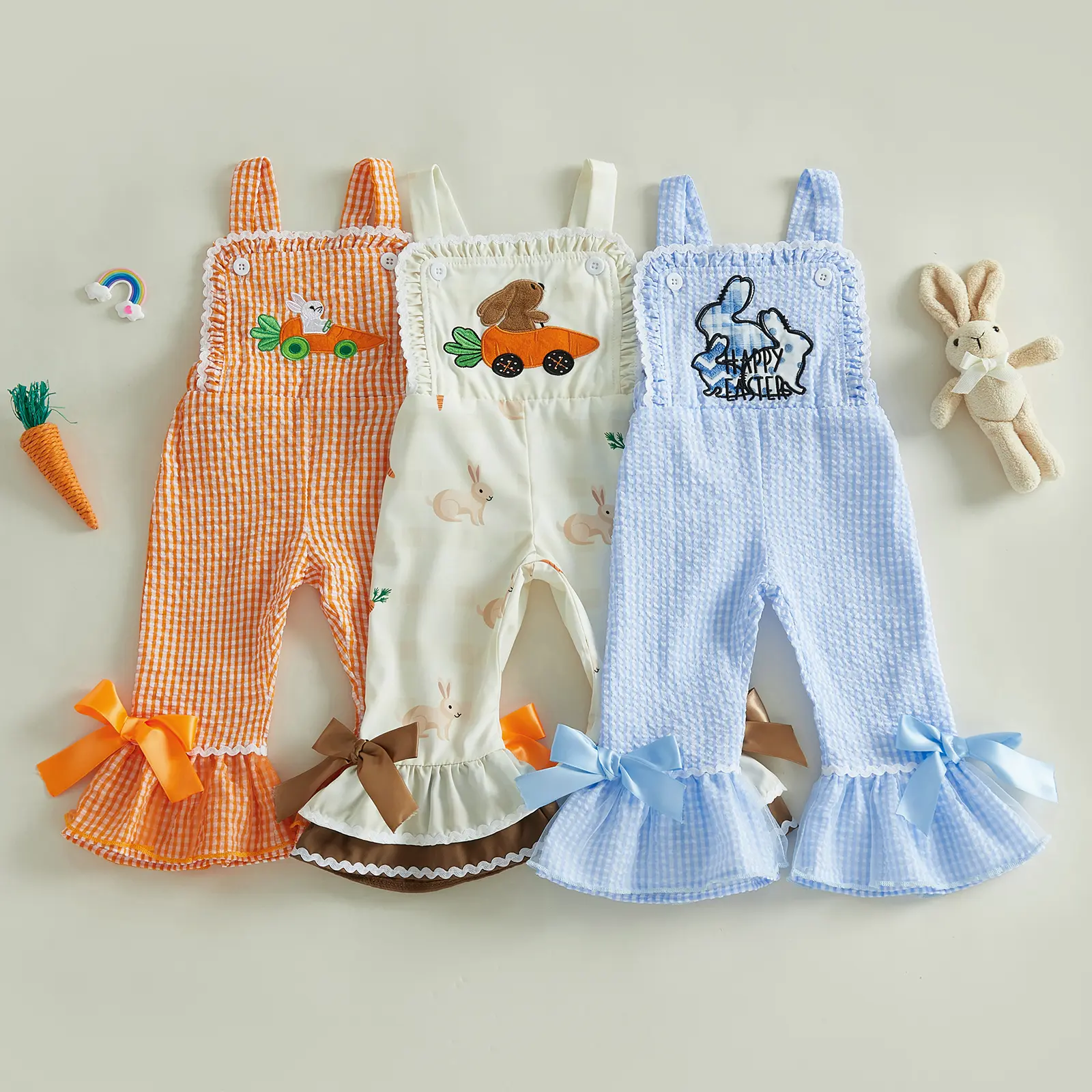 Meihuida Easter Toddler Girl Bell Bottom Jumpsuit Bunny Carrot Embroidery Romper Baby Spaghetti Straps Overalls Flare Pant Kid Playsuit