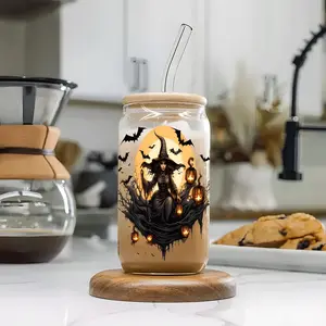 Personality Halloween Witch Bat Pumpkin Lantern Glass Cup with Straw & Lid, reusable glass drinking cup, glass jar design, Decorative Glasses, Tumblers, suitable for iced coffee, beer, juice. Perfect gift for coffee lover
