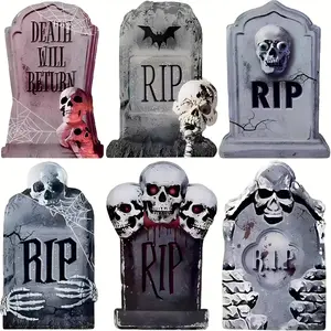 [Scary Halloween Decorations] 2D Flat 6pcs Scary Halloween Decorations Outdoor Graveyard Tombstones, Headstones for Graves Yard Signs Decor with Stakes