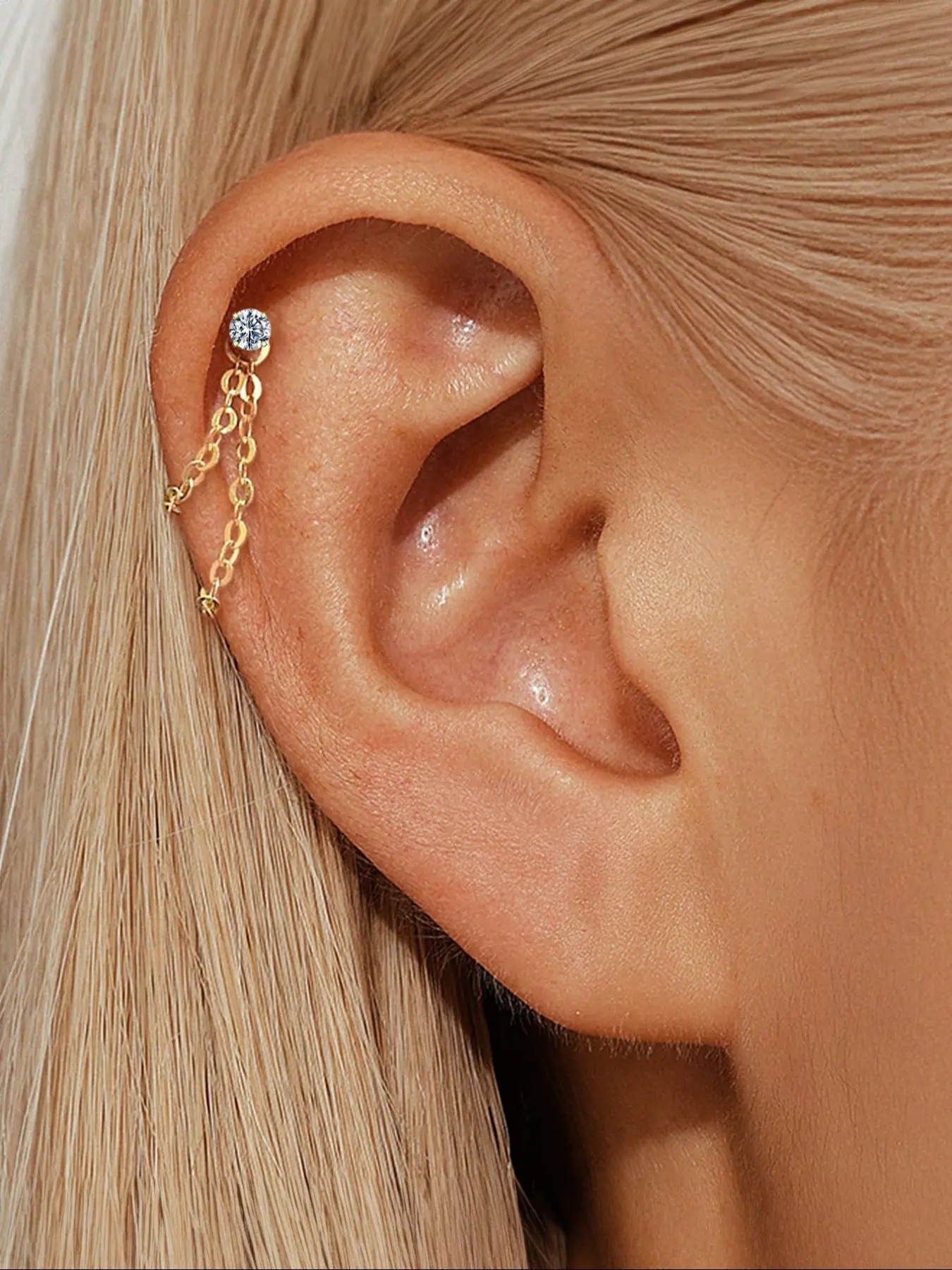 18K Gold Plated Hypoallergenic Pierced Earring with Chain, Flat Back, 4-Prong Cubic Zirconia Design, Ideal for Daily Wear & Special Occasions, Elegant Earrings