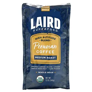 Laird Superfood Peruvian Coffee, Whole Bean, Medium Roast, 12 oz (340 g)