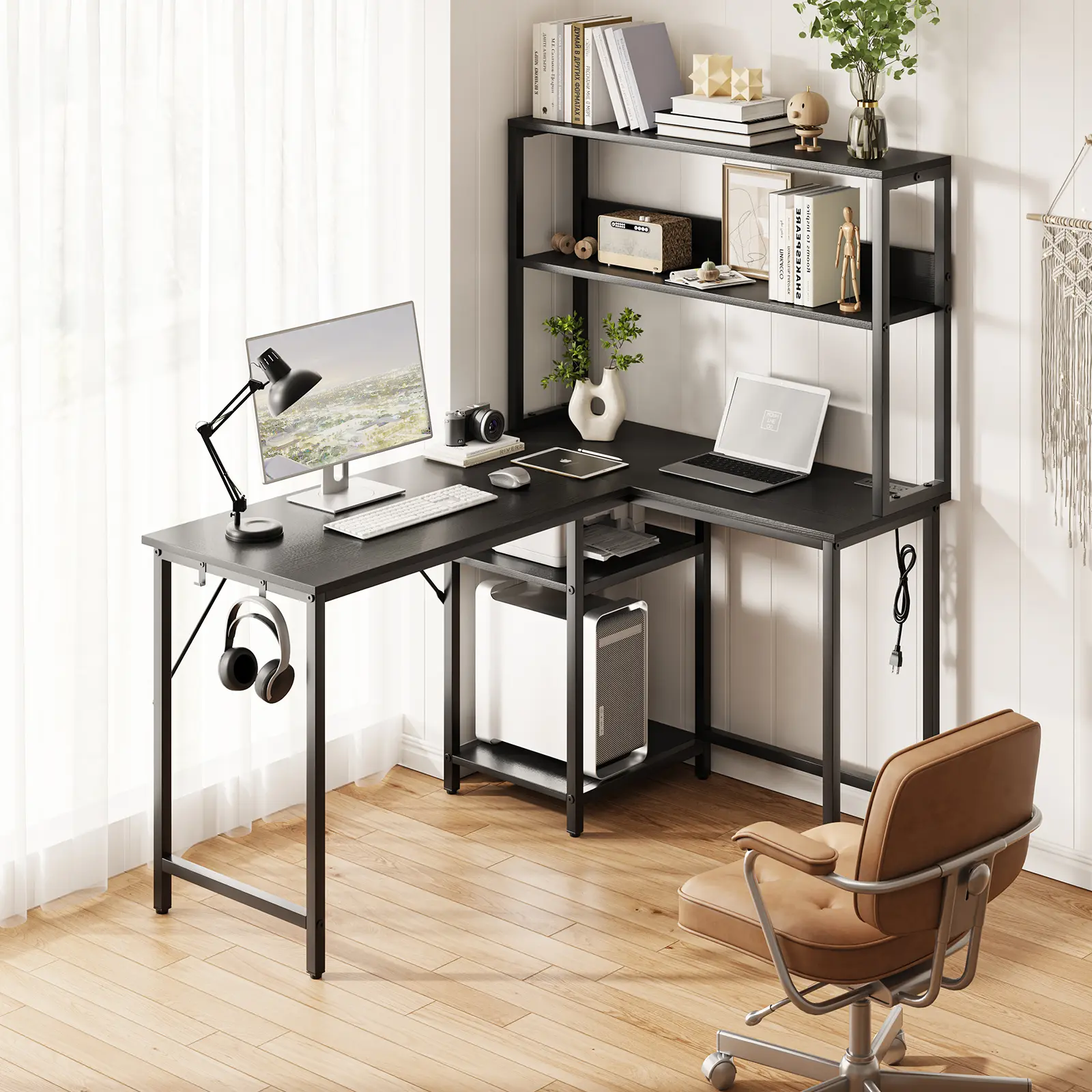 Sweetcrispy Large-Size Modern Wood L-Shape Gaming Desk - Corner Office Furniture for Work-from-Home, with App & Remote Controlled RGB LED Strip, Adjustable Monitor Hutch, CPU Stand, Headphone Hooks, Metal Frame, L-Shape Desks & Workstations, Gaming Desks