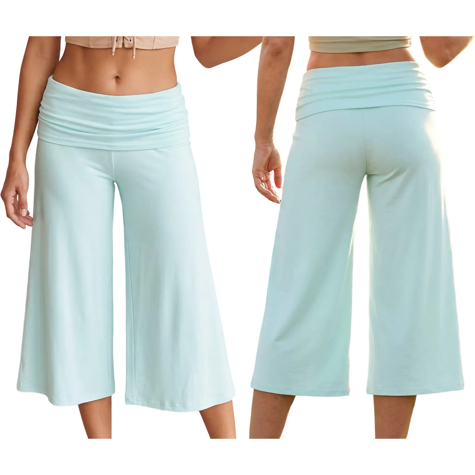 Women Summer Fold Over Wide Leg Capri Pants Low Rise Lounge Yoga Flare Culottes Y2k Soft Flowy Crop Palazzo Pants Beach