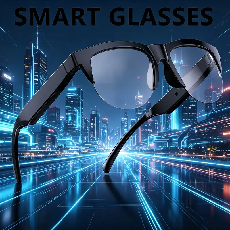 TEMPOMIND Black Frame Transparent Wearable Smart AR Glasses - 2-in-1 Cableless Open-Ear Earphones, DEHP-Free Audio, Cells-Compatible, Not Water Resistant, for Gaming-Hiking (Phone Compatible)
