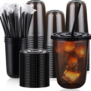 20/50pcs Disposable Drink Mixing Cups with Straws and Lids, 500ML Pet Cold Beverage Coffee Cups for Parties, Celebrations and Party Supplies