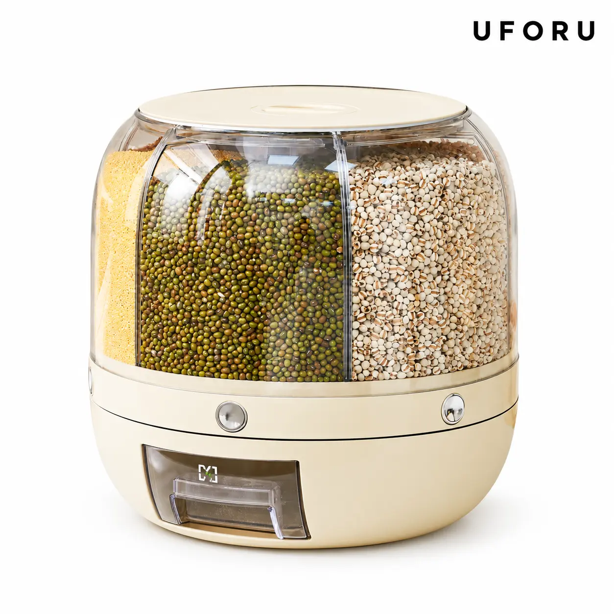 UFORU Sturdy Transparent 6 Independent Compartments 360° Rotating Grain Dispenser - 13lb Capacity, 1-Press Dispense, 10.6" Space Saver, Kitchen Utensils, Storage Organization, Household Items, Pantry Container (Rice, Beans) - Check Dimensions First