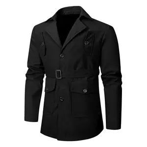Men's Black Trench Coat, British Business Style, Turn-Down Collar with Multiple Pockets + Belted Waist + Mid-Length Design, Stylish and Structured Trench Coat Jacket Suitable for Men's Fashion at Work, Commuting, and  Outings