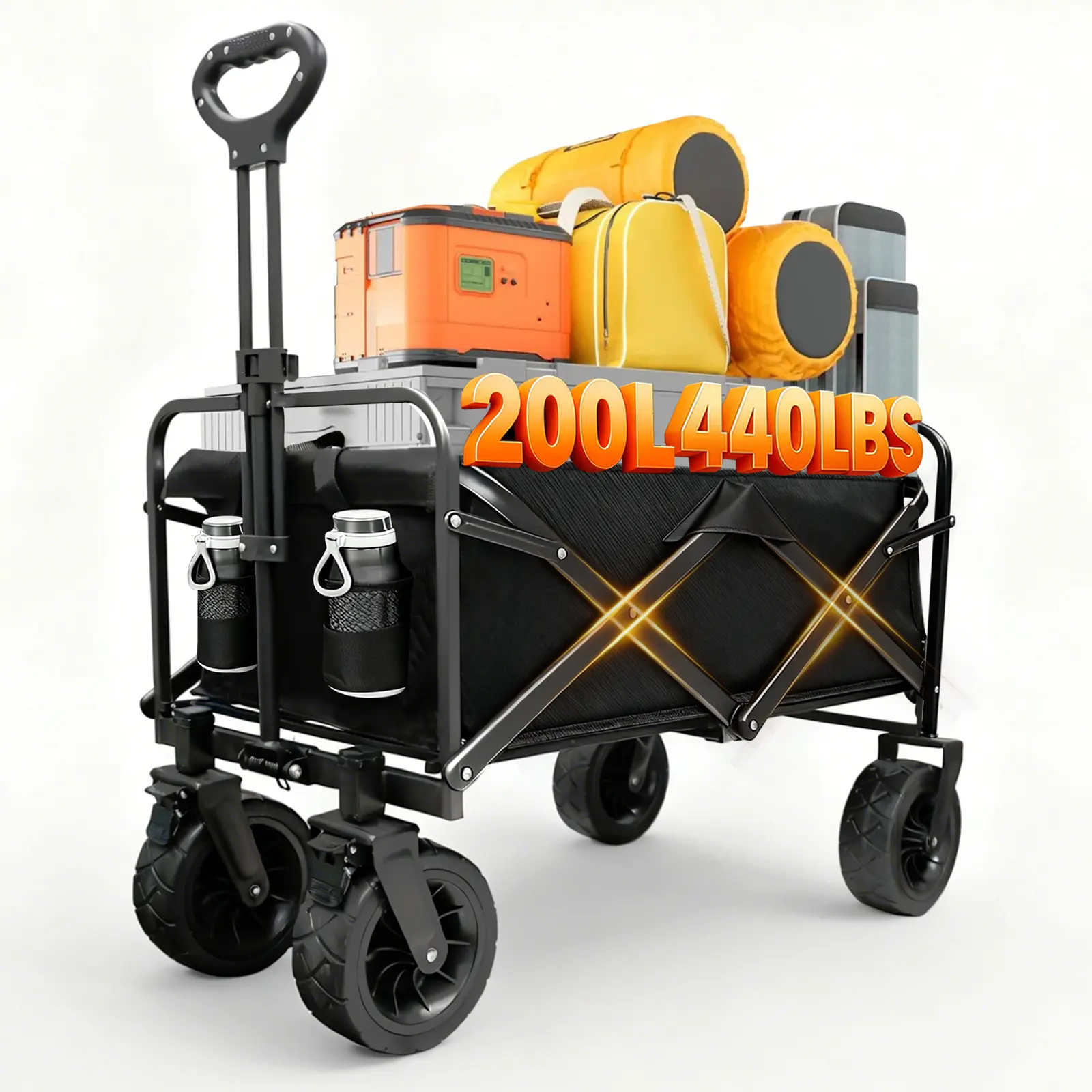 200L 200KG Festival Trolley Camping Shopping Beach Wagon Trolley Off-road Beach adapted Stroller with Brakes robust adjustable Handle with transport bag, black