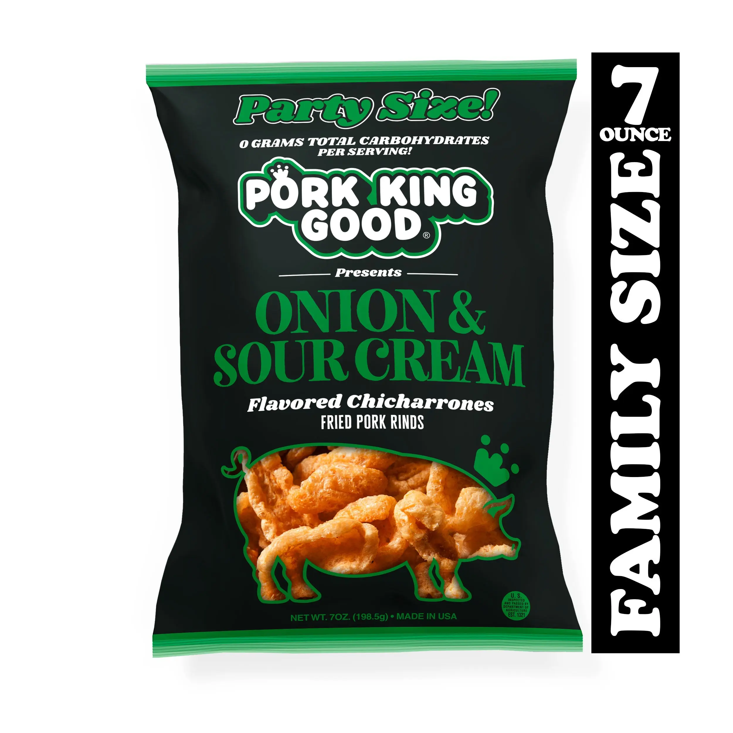 Pork King Good Natural Onion & Sour Cream Pork Rinds, 7oz Party Size Bag - Gluten Free Puffed Snacks with Onion Powder & Milk Infusion, Party & Office Snacks for Adults