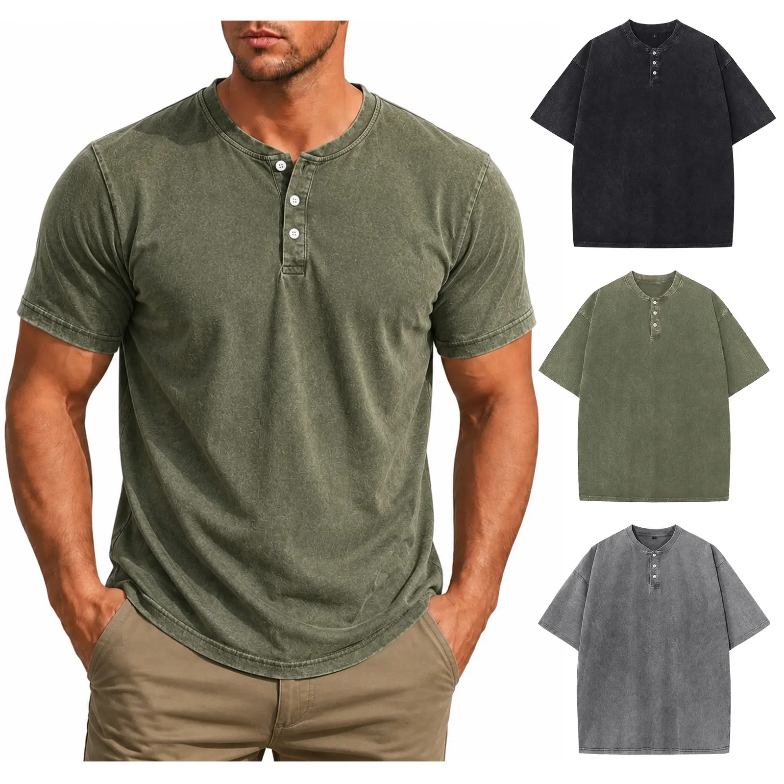 Gihuo Men's 3-Pack Casual Short-Sleeve Henley Shirts - Cotton Acid Wash Vintage Loose Menswear Streetwear Summer Apparel Tees