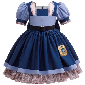 Ready Stock 3-10Y Cute Girl's Judy Cosplay Dress Birthday Gown Puff Sleeve with Rabbit Ear Accents, Suitable for Birthday Celebrations D1558