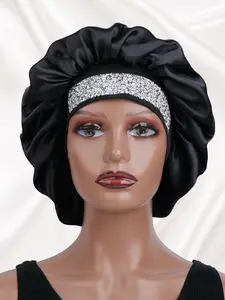 Men Women Soft Sleep Cap with Sparkling Rhinestone Headband, Elegant Ladies Sleeping Hat, Adjustable Size, Comfortable Fashion