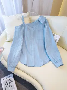 Summer Casual Asymmetrical Neck Off-Shoulder Long Sleeve Women's Shirt Blouse, Slim-Fitting Pocket Top, Fashionable Ladies' Clothing