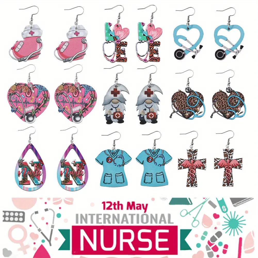 9 Pairs of Nurses Day Earring Set - Women Nurses Day Stethoscope Love Nurse Hat Pendant Earrings Angel Cross Dwarf Nurse Uniform Pendant Earrings Wooden Double-sided Earrings Set Nurses Day Gift