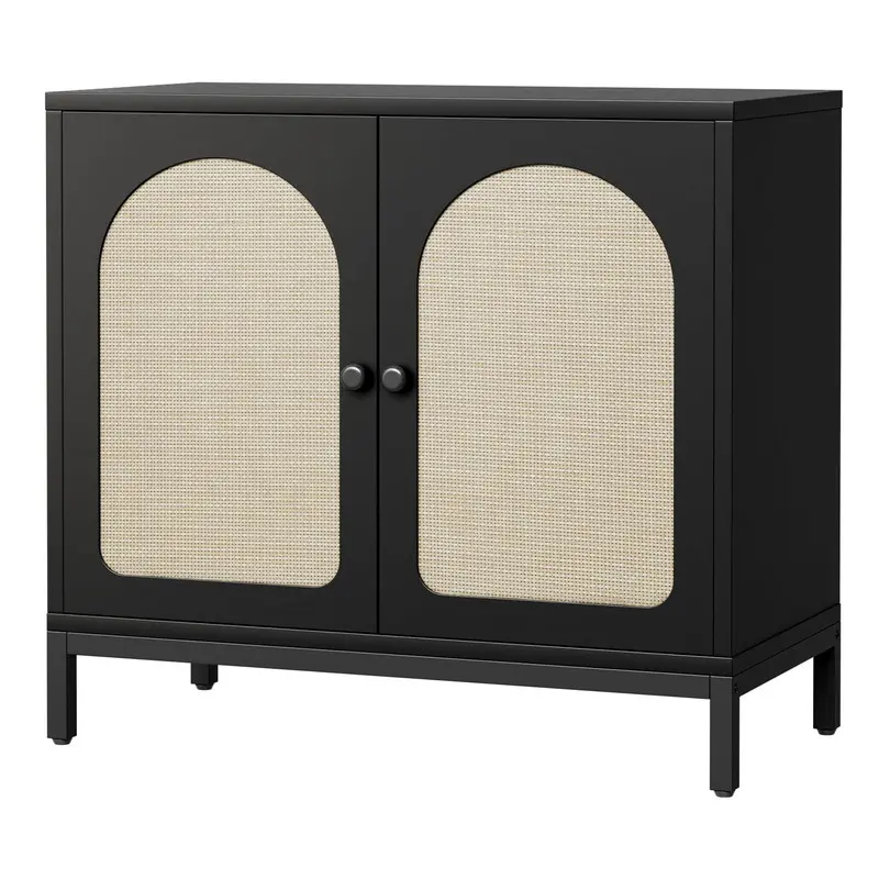 【Christmas Gift】Black Buffet Cabinet with Storage, Kitchen Storage Cabinet with Rattan Doors, Accent Cabinet with Adjustable Shelves, Sideboard Cabinet Cupboard Console Table for Living Room