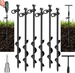 6 Pack Ground Anchor Heavy Duty Earth Anchors with T Handle Hex Wrench & Power Nut Driver, Metal Stakes Ground Anchors Screw in for Swing, Trampoline, Tents, Securing