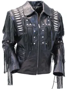 JAMIN LEATHER® Bones and Braids Fringed Premium Leather Jacket #M1706FBB - Black Buffalo Leather with Bone Beads, Soft Nylon Lining, Zipper Pockets, Western Style Menswear Coat