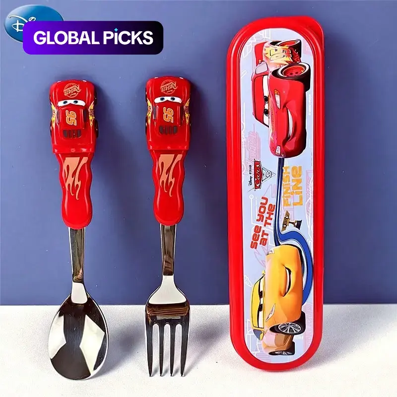 Disney Officially Licensed 3D Spoon & Fork Set, Spoons And Forks Set, Kids Cutlery with Lightning McQueen & Mickey Mouse Design, Food-Grade Material, Non-Slip Handles with Portable Case, for Outdoor Picnics, Birthday Parties