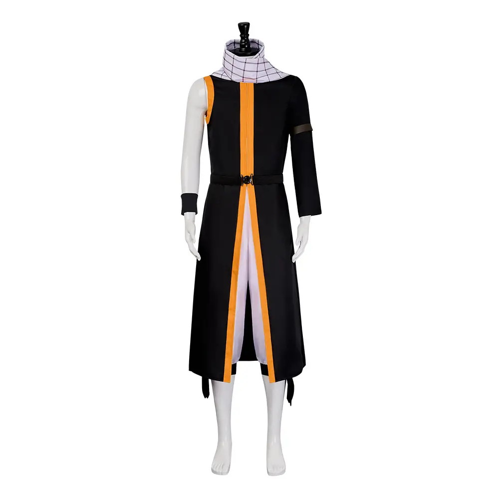 Men‘s Natsu Dragneel Cosplay Costume Black Coat with Orange Trim and Checked Scarf for Halloween