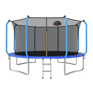 Mersco 8/10/12/14 ft Kids Trampoline with Steel Frame, 960Lbs Capacity, Safety Net, Hoop, Blue - Jumping Equipment for Kids Outdoor Play, Gift for Boys Girls