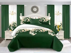 100% Cotton King Size Quilt Set with 2 Print Curtains 4 Solid Curtains 2 Pillow Shams 1 Cushion 10 pcs Bed Sheet