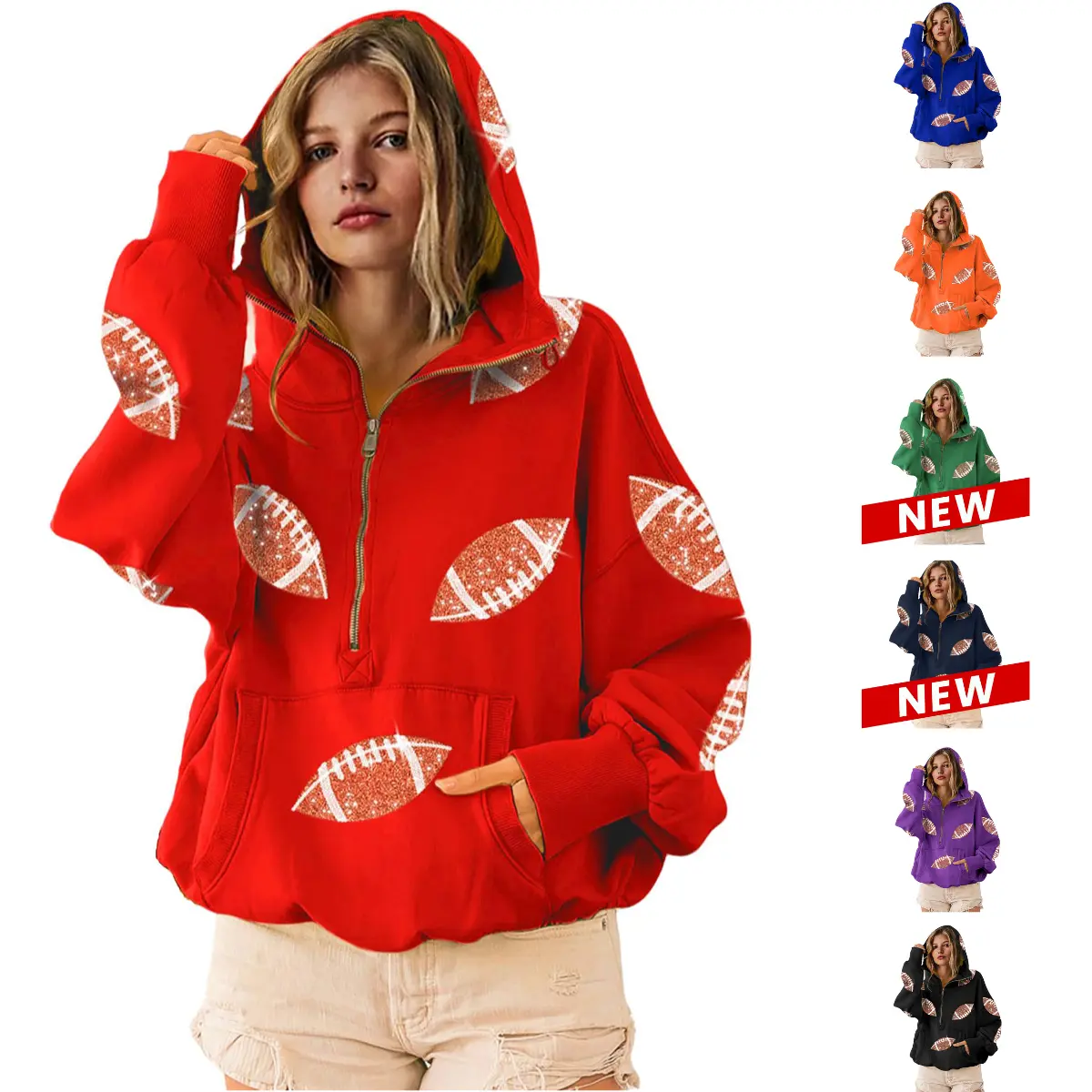 Molitree Women's Game Day Sweatshirts Football Sequin Long Sleeve Zipper Hoodies with Pocket Cotton Material Adjustable Drawstring Hooded Collar Front Kangaroo Pocket Casual Womenswear