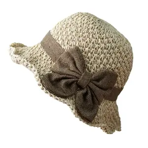 Elegant Woven Straw Sun Hat with Bow Summer Beach Sun Straw Hats for Women Wide Brim Packable Travel Bucket Hats