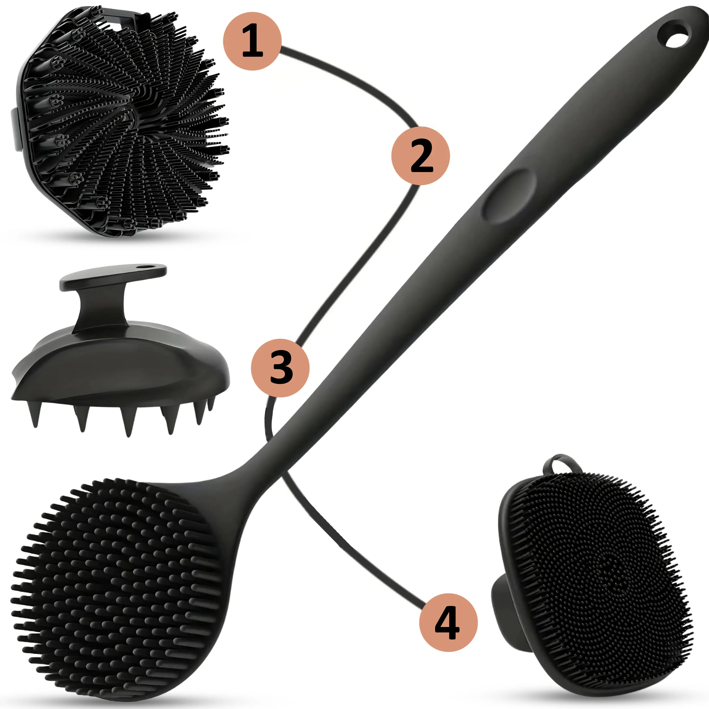 Silicone Bath Brush Set - 4pcs Dual-Sided Long Handle Brush for Back, Face, Scalp Cleaning, Personal Use Shower Black Body Care Tool