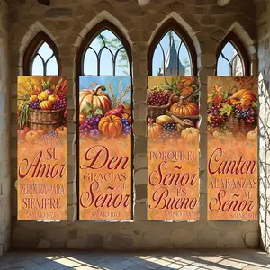 4 Pcs Religious Banners, Polyester Material Autumn Harvest Religious Banner Scripture Print Christian Thanksgiving Church Home Living Room Dining Room Wall Decorative Vertical Hanging Flag