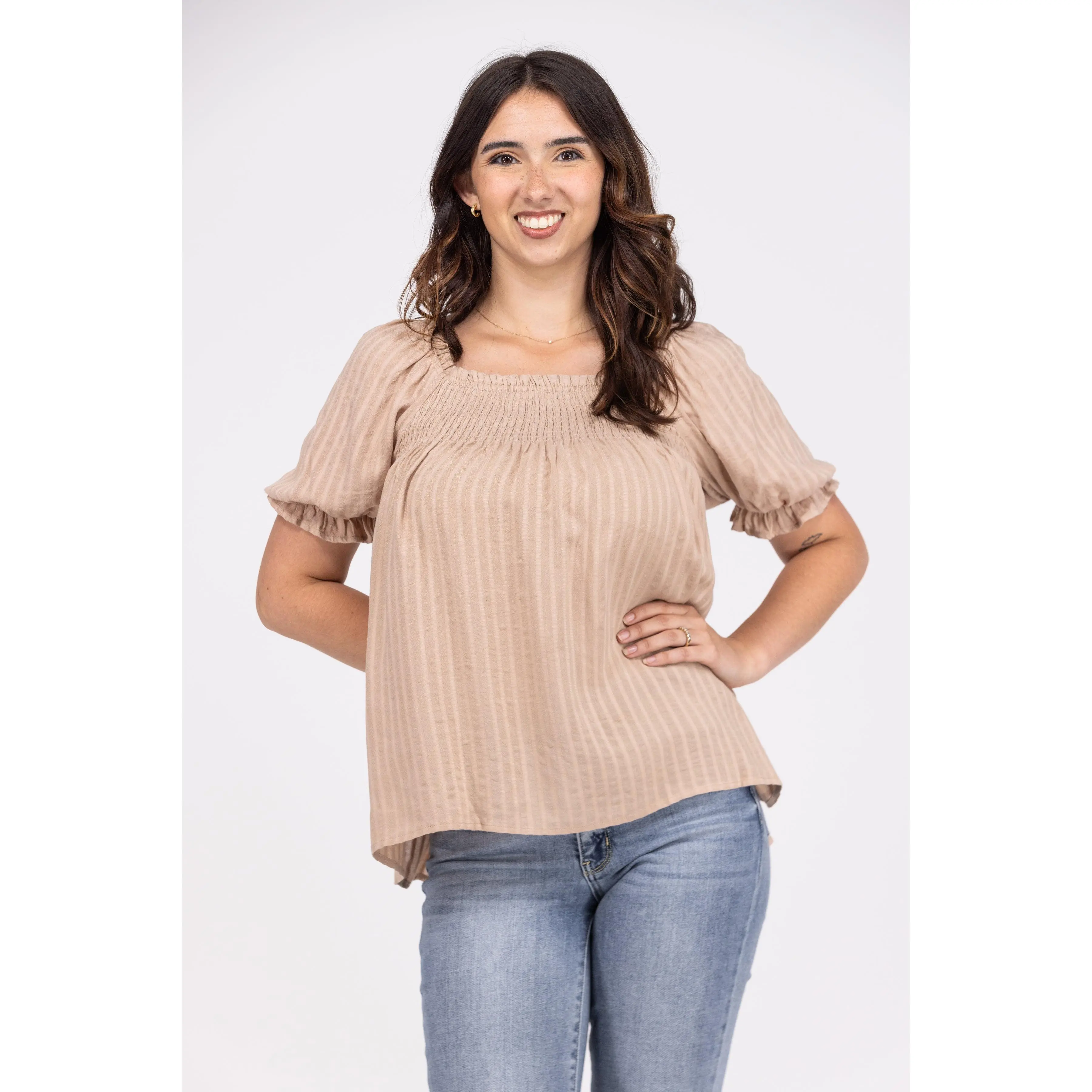 Women's Rayon Blouse - Light Striped, Smocked, Puff Short Sleeves, Casual Round Hem, 100% Rayon Fabric
