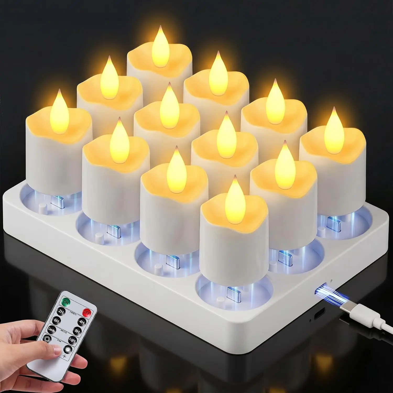 MATULSA Rechargeable LED Tea Lights Candles with Remote, Timer & Charging Base Flameless Candles, Realistic and Bright Flickering for Holloween Holiday Celebration, Party, Home Decoration