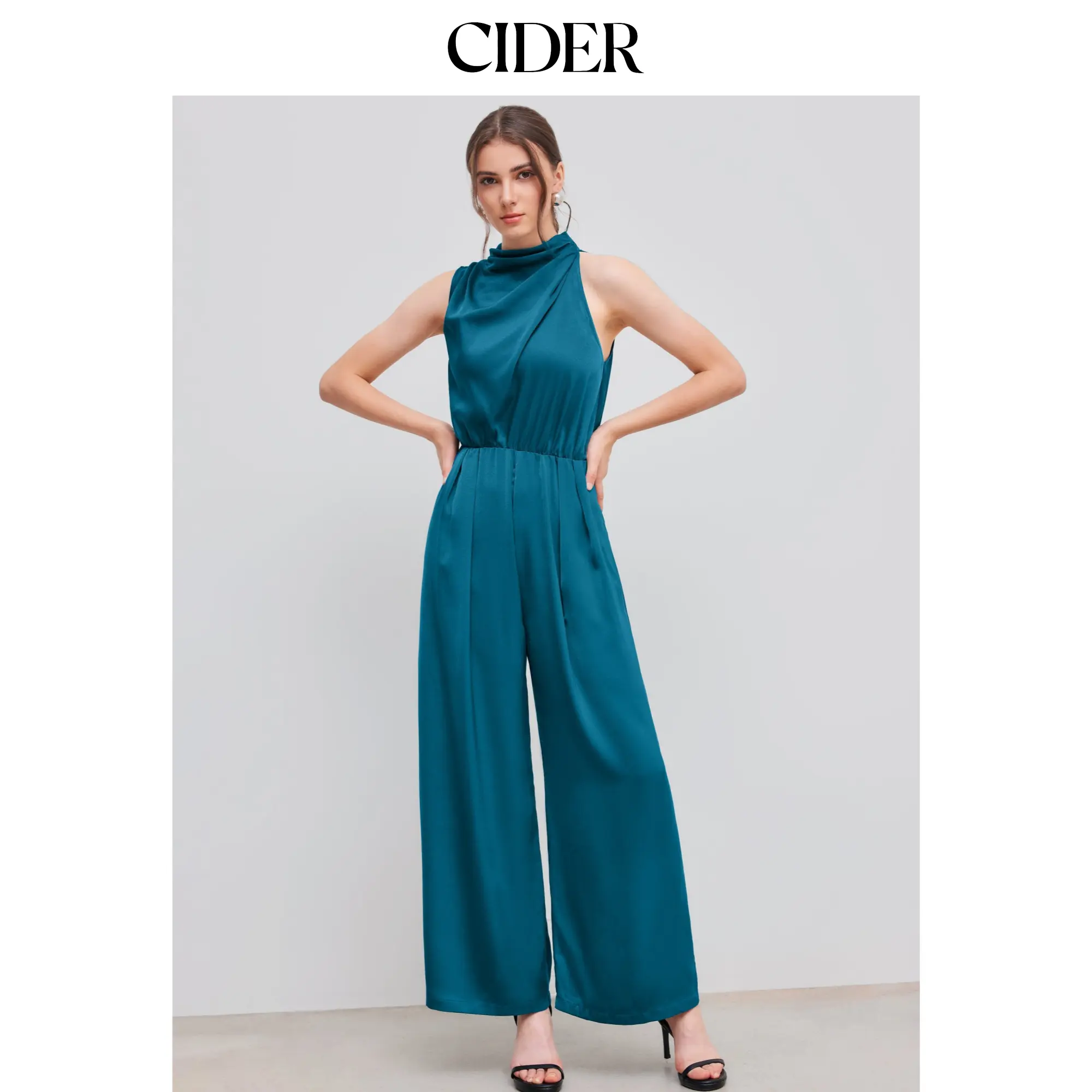 Cider Satin High Neck Solid Zipper Pleated Wide Leg Jumpsuit