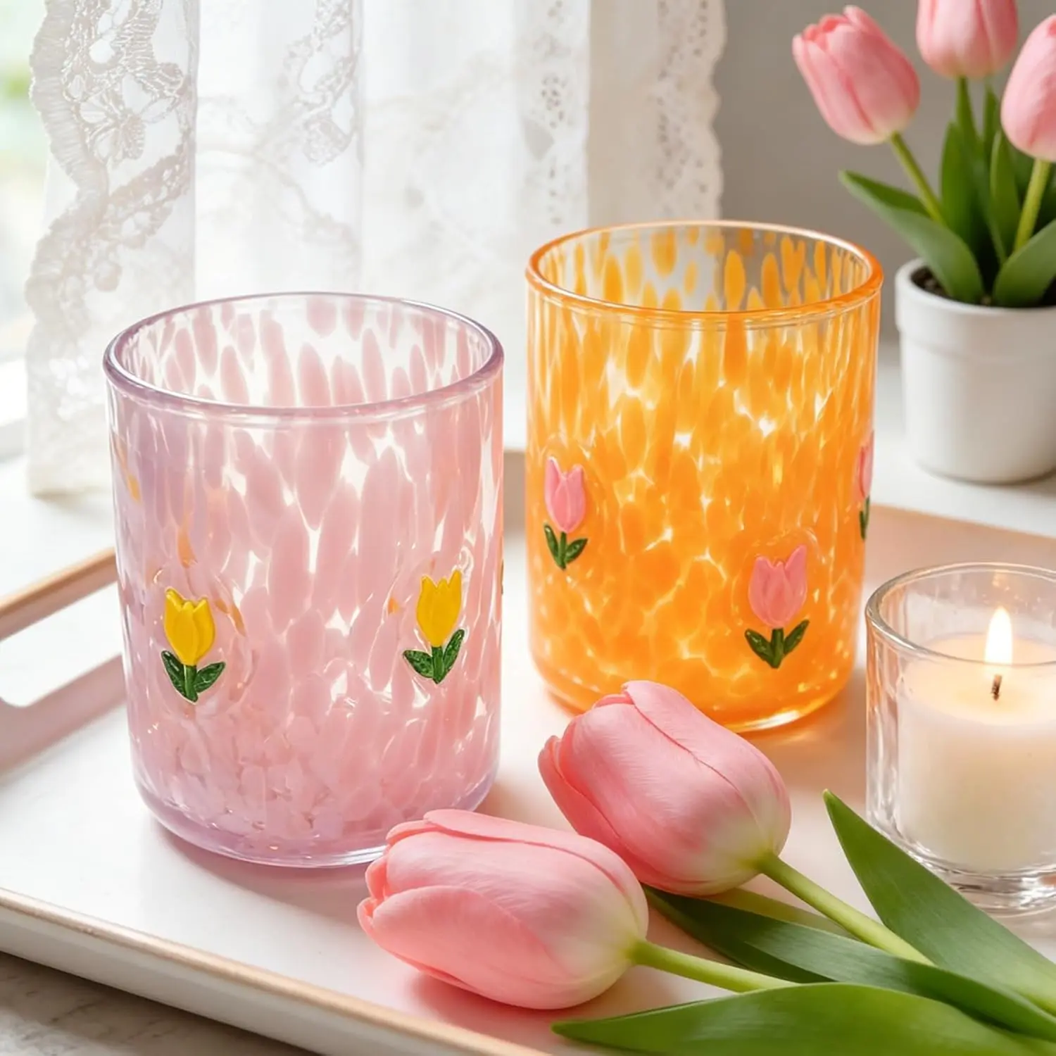 2Pcs 14oz Sturdy Decorative Stemless Cocktail Glasses - Yellow-Pink Tulip Floral Design Assorted Cups for Home, Party Favors Supplies (Juice, Wine Use), Cup, Tulips