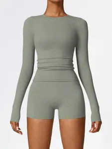 Women's Solid Tee & High Waist Skinny Shorts Sports Clothing Set Outfits for Yoga Gym Workout Running, Ladies Sportswear for All Seasons, Sports Activewear Set