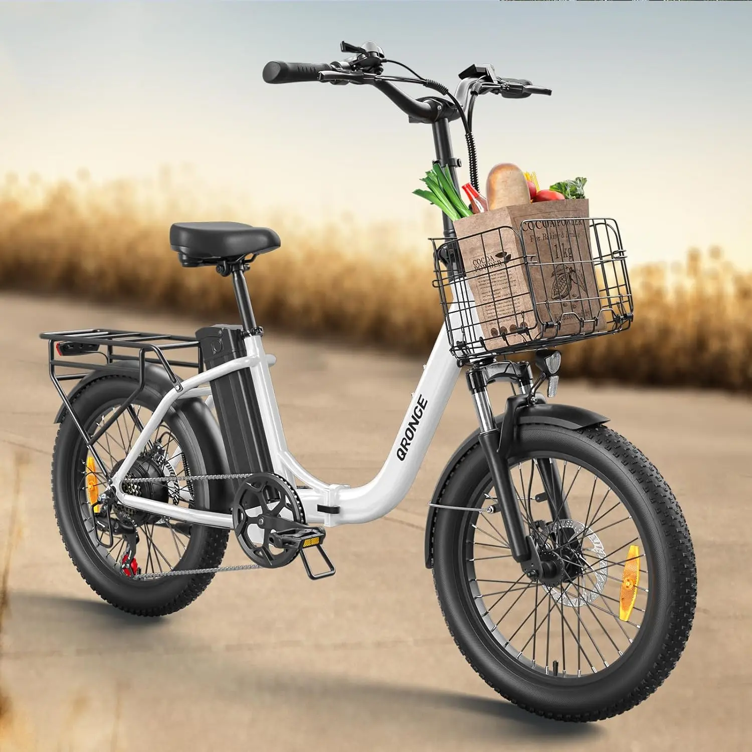 Qronge Electric Bike, 1000W Peak Folding Electric Bike, 486Wh 70 Miles Range Ebike, 20" Step-Thru Electric Bicycle with Bike Basket, Removable Battery, 25 MPH Max, 7 Speed